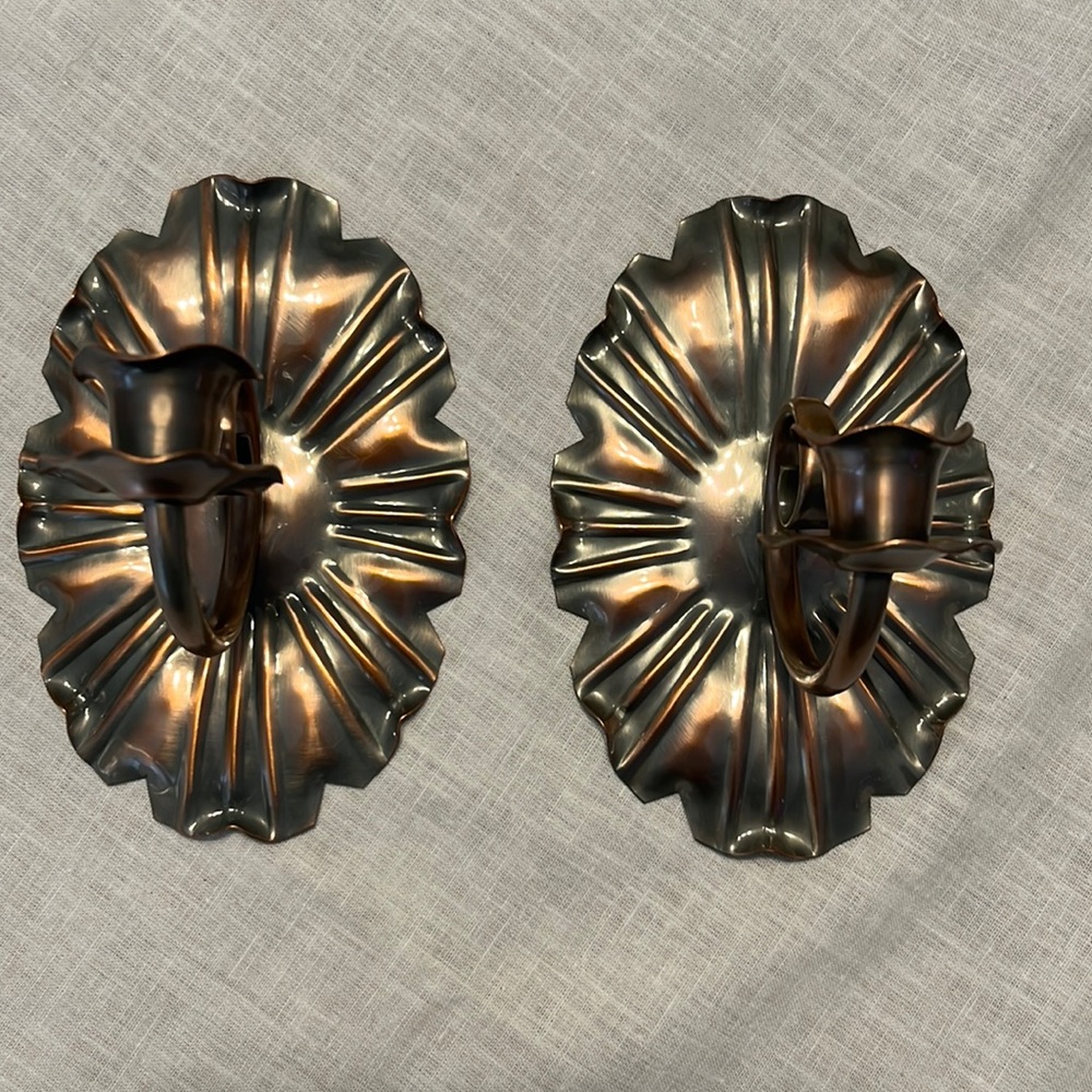 SOLID COPPER WALL SCONCE SET & CANDLE HOLDERS BY GREGORIAN U.S.A. VINTAGE 1950